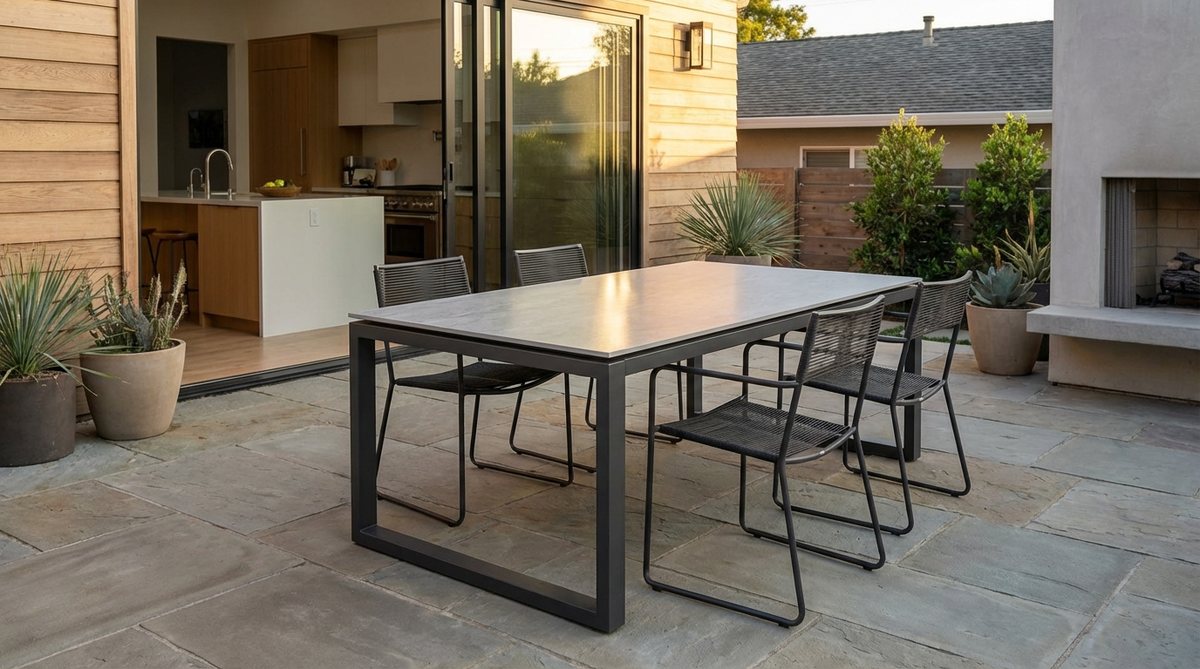 A contemporary garden table featuring a slim metal frame supporting a stone-look ceramic top that mimics indoor porcelain counters. The surface reflects light subtly and pairs with matching metal chairs for a monochrome, gallery-like aesthetic. Ideal for outdoor dining, it resists stains from wine, sauces, and pollen while complementing modern indoor kitchens to connect interior and exterior spaces.
