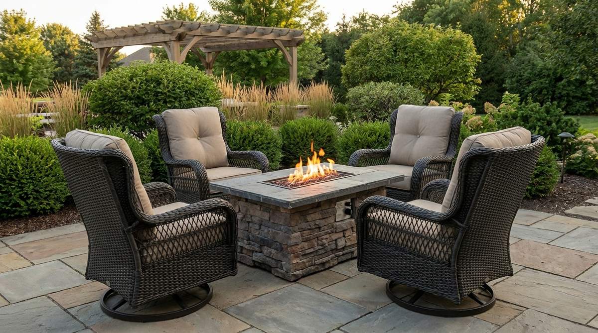 Four swivel rocking chairs surrounding a gas fire pit table for year-round outdoor living. The elevated seat height facilitates easy conversation across the flames, while the rocking motion provides movement without leaving the seat. High backs offer wind protection and support for neck and head. The fire pit uses a standard propane connection, extending the outdoor season into cooler months.