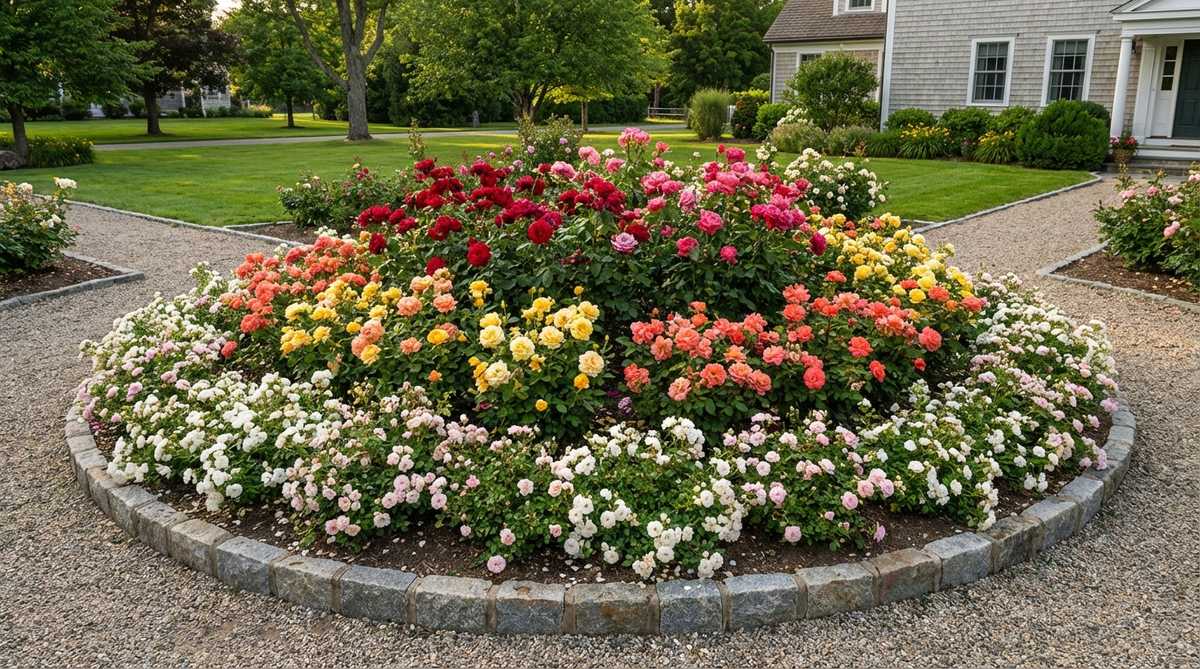 A circular rose bed serving as a focal point in garden design, featuring radial symmetry with taller roses at the center and lower-growing varieties in concentric rings, ideal for pathway intersections or lawn centers.