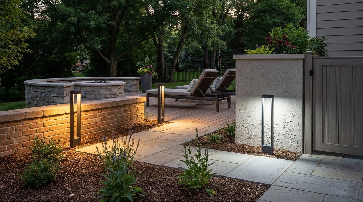 A modern garden lighting setup featuring color-temperature-selectable bollards with dual LED arrays, showcasing warm, neutral, and cool white options to match various architectural materials like brick, wood, stucco, or composites, ideal for reducing inventory complexity and enhancing outdoor aesthetics.