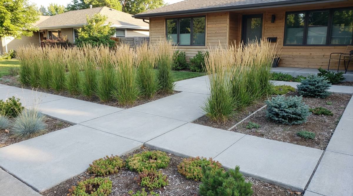 A minimalist small front garden featuring smooth concrete walkways bordered by 'Karl Foerster' feather reed grass, emphasizing clean geometry and effortless elegance with a limited plant palette for easy maintenance.