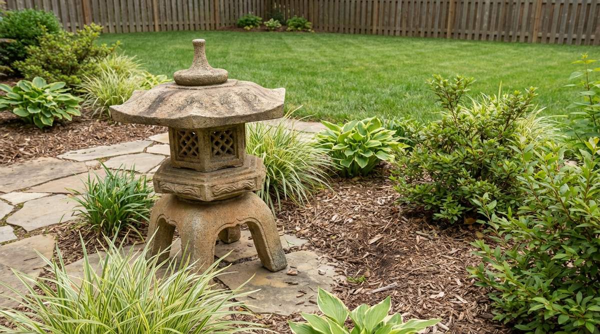 A concrete-cast reproduction of a traditional Japanese garden lantern, showcasing modern casting techniques that mimic granite textures and natural stone coloration. This cost-effective alternative maintains authentic proportions and appearance, suitable for public gardens or properties with theft concerns.