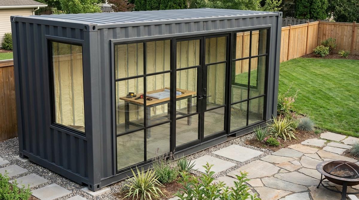 A repurposed shipping container converted into a modern garden studio shed, featuring steel frame construction with window and door openings professionally fabricated for structural integrity. The interior shows spray foam insulation applied to walls to address thermal properties, creating an industrial aesthetic workspace suitable for urban garden settings.