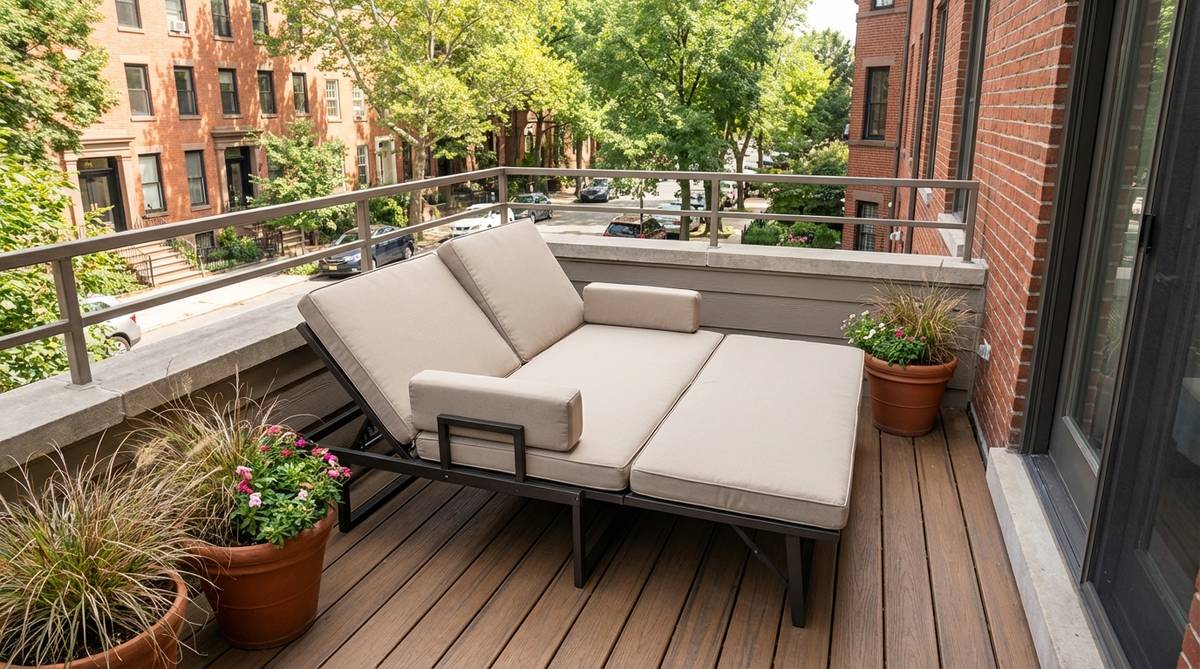 A convertible daybed designed for urban balconies, featuring multi-position functionality that transforms from an upright loveseat to a reclined daybed with adjustable backrests. Compact design under 60 inches long fits narrow spaces, with weather-resistant cushions in quick-dry foam for durability and comfort after rain exposure. Includes lockable positions for safety and built-in armrests for support during configuration changes.