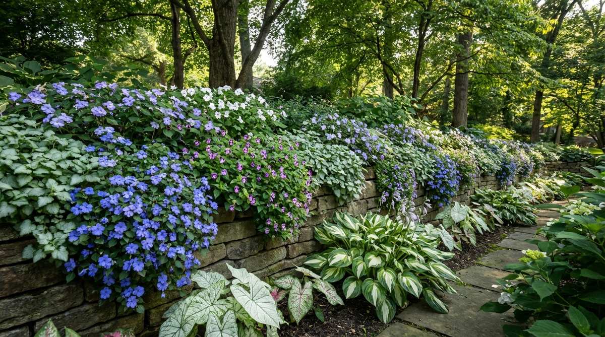 A shade garden wall featuring cool tone flowers in blues, purples, and whites including impatiens, torenia, and browallia. Silver-leafed lamium and white-variegated hostas and caladiums brighten darker corners and create depth in small garden spaces.
