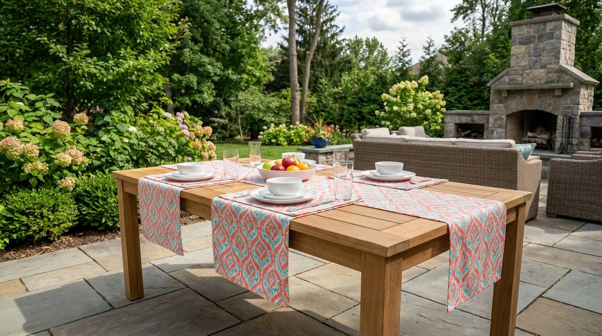 Vibrant coral and aqua table runners and placemats arranged on an outdoor dining table, showcasing tropical accent colors that enliven summer decor. Features acrylic-coated cotton outdoor fabrics that resist staining and wipe clean.