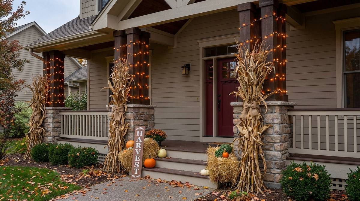 A decorative setup featuring cornstalk bundles tied to porch posts, wrapped with warm amber string lights to create a cozy Halloween atmosphere, highlighting vertical architecture and harvest themes.