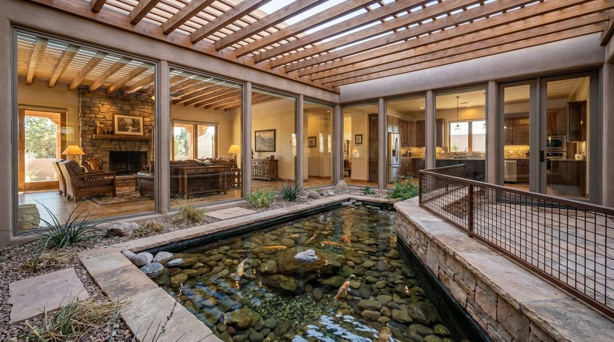 A shallow pond, 12-18 inches deep, located in the center of an enclosed courtyard, visible through floor-to-ceiling windows from multiple rooms. This design emphasizes observation, creating a living artwork that supports koi populations with simplified maintenance and protection from predators and debris.