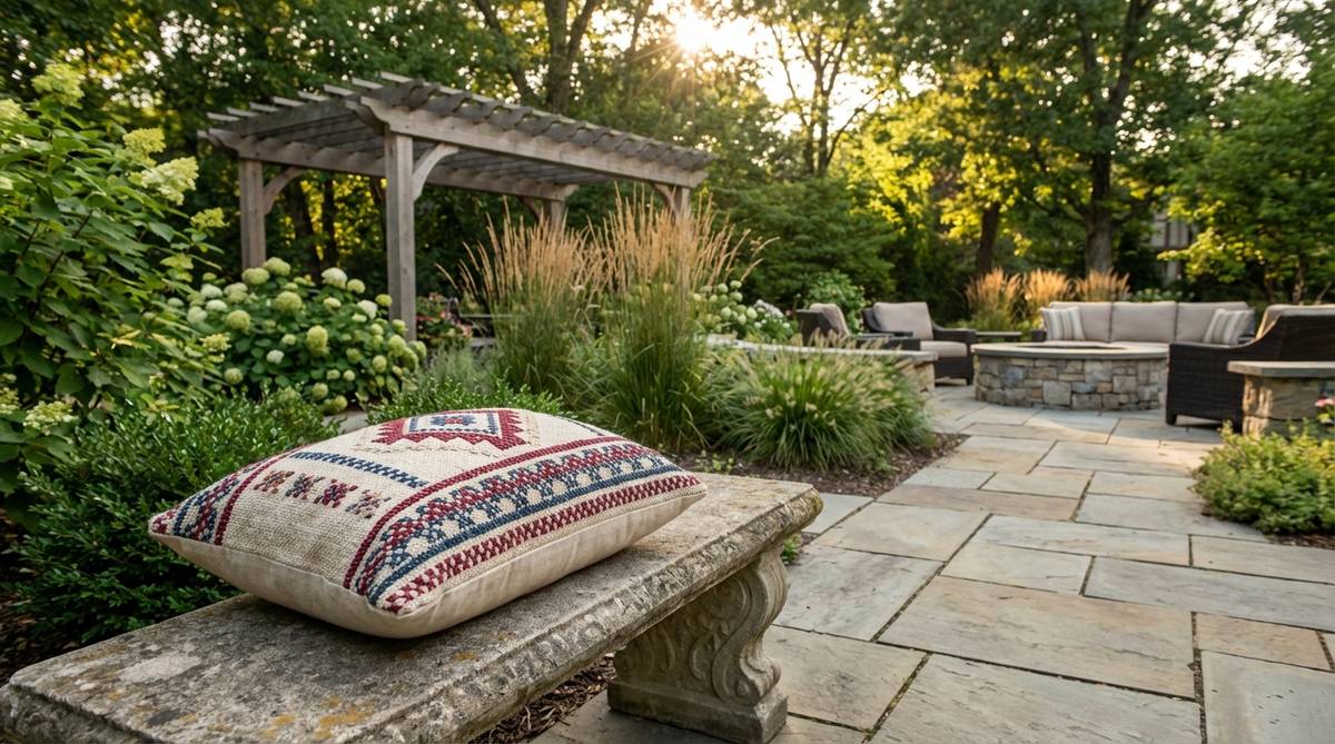 A boho decor pillow featuring hand-embroidered cross-stitch patterns in contrasting thread, creating folk-art appeal with global resonance. The raised stitching adds texture while geometric patterns provide structure, making it suitable as a jewelry piece in outdoor arrangements with weather-resistant fabric.