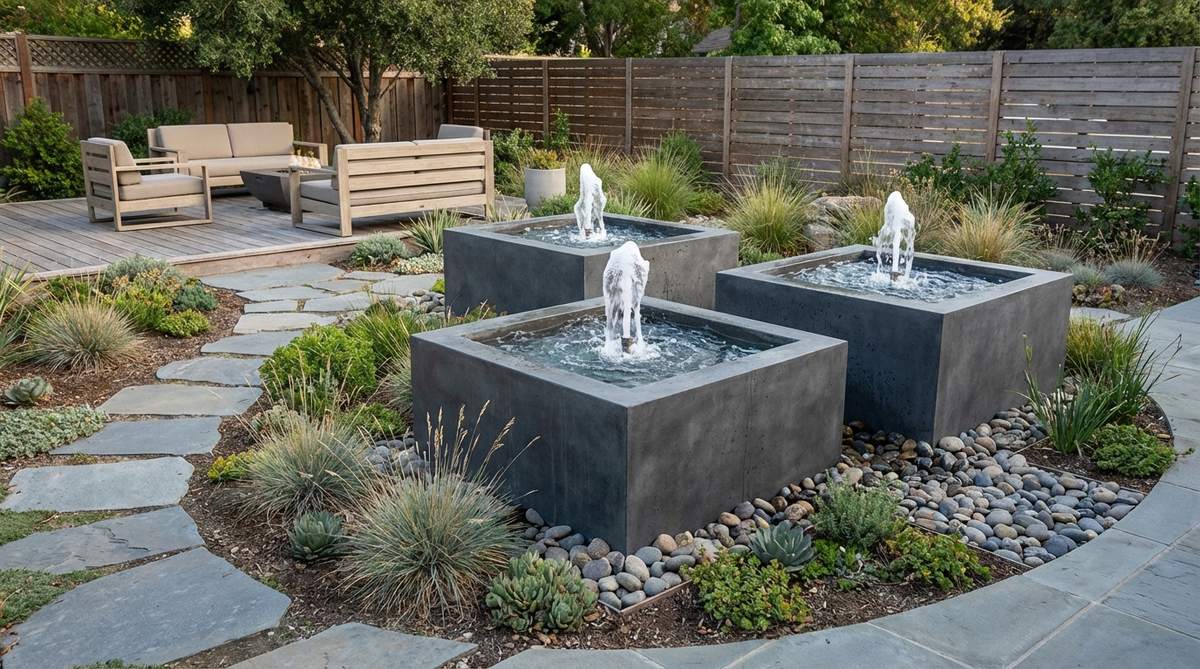 A modern Zen garden featuring cubic concrete fountain basins with centered jets creating vertical water columns. The geometric design contrasts with organic water movement, serving as a sculptural focal point amidst irregular planting zones.