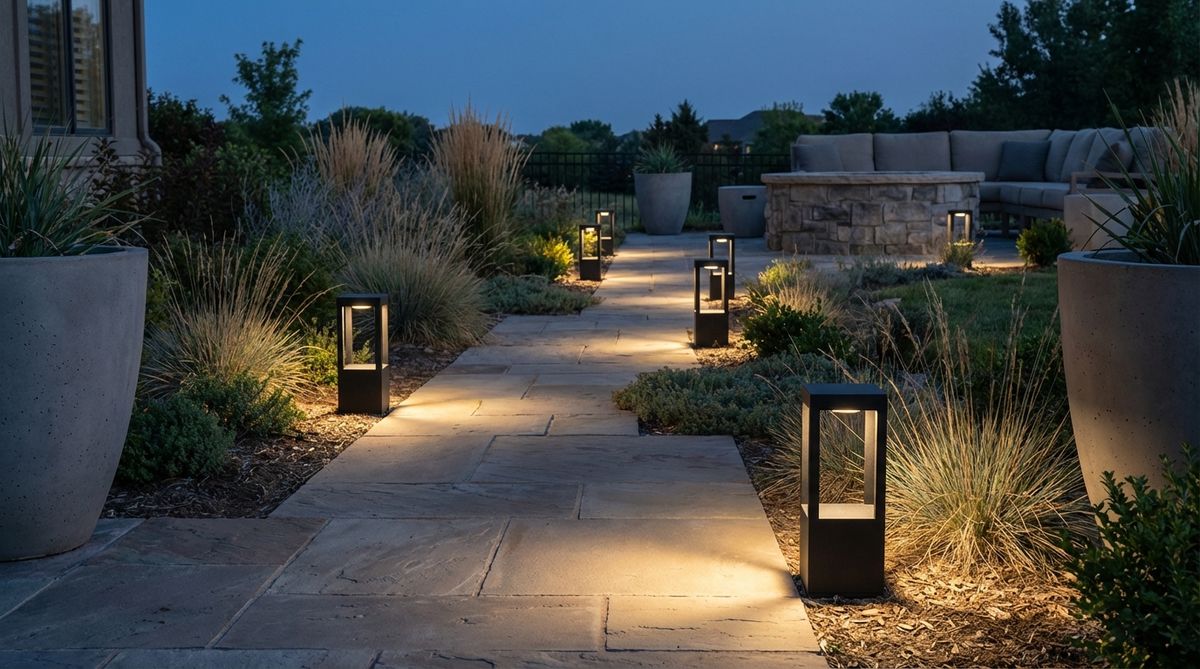 Square or rectangular light fixtures positioned along pathways in a modern garden setting, creating rhythmic spacing to guide movement with geometric forms. Features downward-directed light to minimize glare and matte powder-coated finishes for reduced visual impact, spaced at regular intervals for order and illumination.