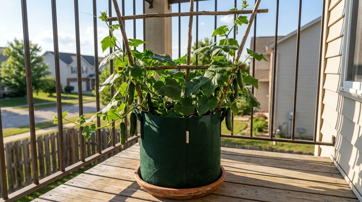 A close-up photo of healthy cucumber plants growing in a 5-gallon container on a sunny balcony. Bush cucumber varieties like 'Spacemaster' are shown with developing fruits, supported by a small trellis for vertical growth. The image illustrates proper container gardening techniques for cucumbers, including adequate sunlight exposure and consistent moisture requirements for balcony cultivation.