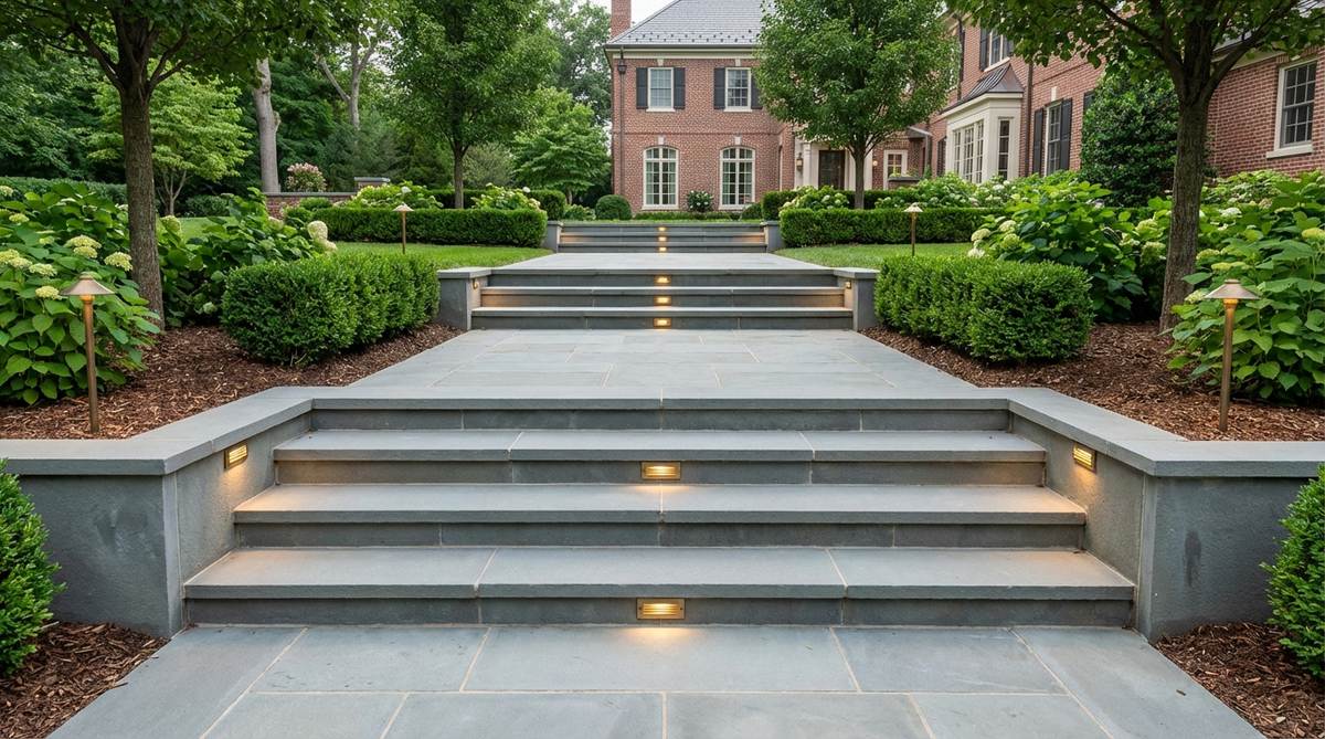 An elegant formal staircase made of uniform cut stone treads, such as bluestone or granite, with a 6-inch rise and 14-inch tread dimensions. Features defined shadow lines from 1-2 inch overhangs, suitable for front entries or main garden routes in traditional architecture and structured garden designs, with landscape lighting for nighttime illumination and safety.