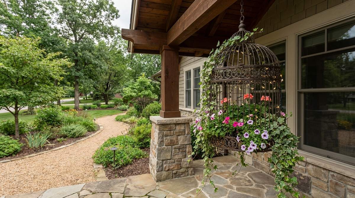 A vintage-style decorative birdcage hanging outdoors, filled with flowering plants and string lights, showcasing ornate metalwork that adds Victorian charm to garden decor. The cage is weatherproofed and positioned to accent architectural features without obstructing movement.