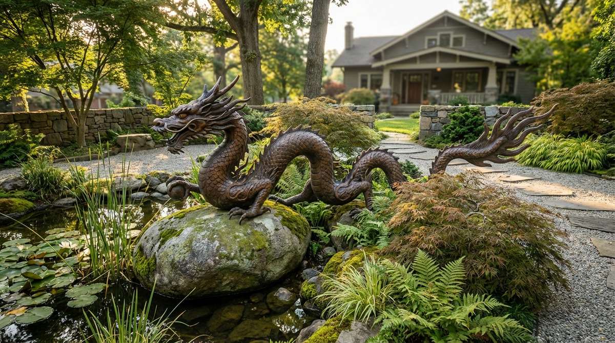 A weathered bronze dragon sculpture with rich brown and green patinas, winding through plantings or coiling around stone arrangements in a zen garden. This Eastern dragon represents wisdom, power, and nature's forces, positioned near water elements to honor its traditional association with rainfall and rivers, symbolizing transcendence and spiritual mastery.