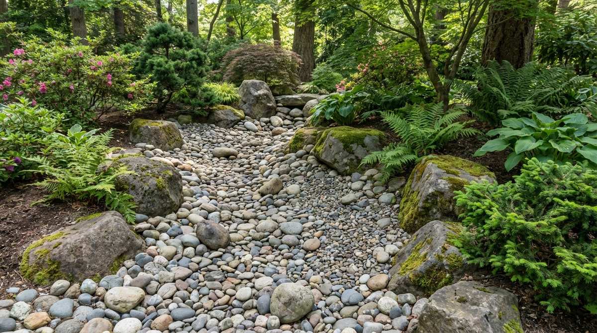 A dry stream bed feature in a Japanese garden, showing a curving depression filled with smooth river rocks of varying sizes arranged to mimic a natural watercourse. Larger stones are positioned along outer curves, with grading from boulders at the source to smaller pebbles downhill. Moss-covered rocks edge the stream to define banks and add aged character.