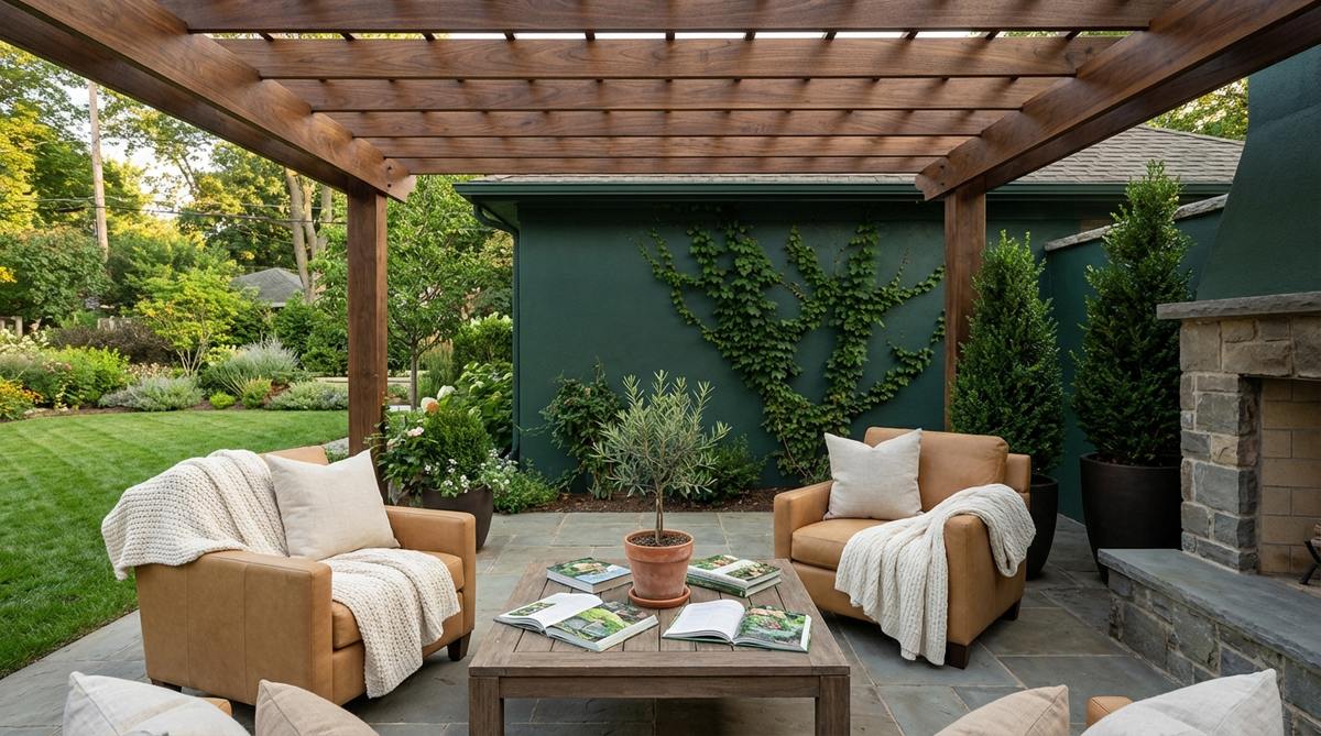 A sophisticated decor palette featuring deep evergreen walls, camel leather chairs, and ivory textiles, ideal for home offices and libraries with walnut wood accents.