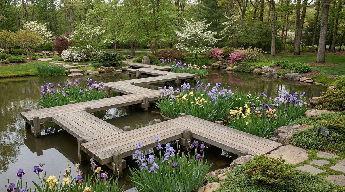A Japanese garden bridge with an extended zigzag sequence of twelve or more segments, showcasing consistent plank dimensions and multiple turns that frame views of iris cultivars and create a meditative walking experience.