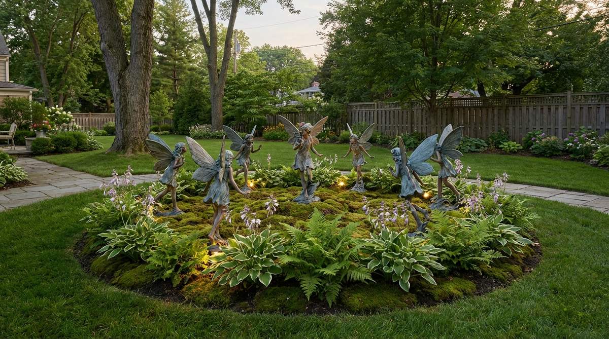 A set of multiple fairy statues arranged in a circular formation, creating an enchanted garden display with delicate wings and dynamic poses. Installed among moss and ring plantings with hidden solar lights for evening magic.
