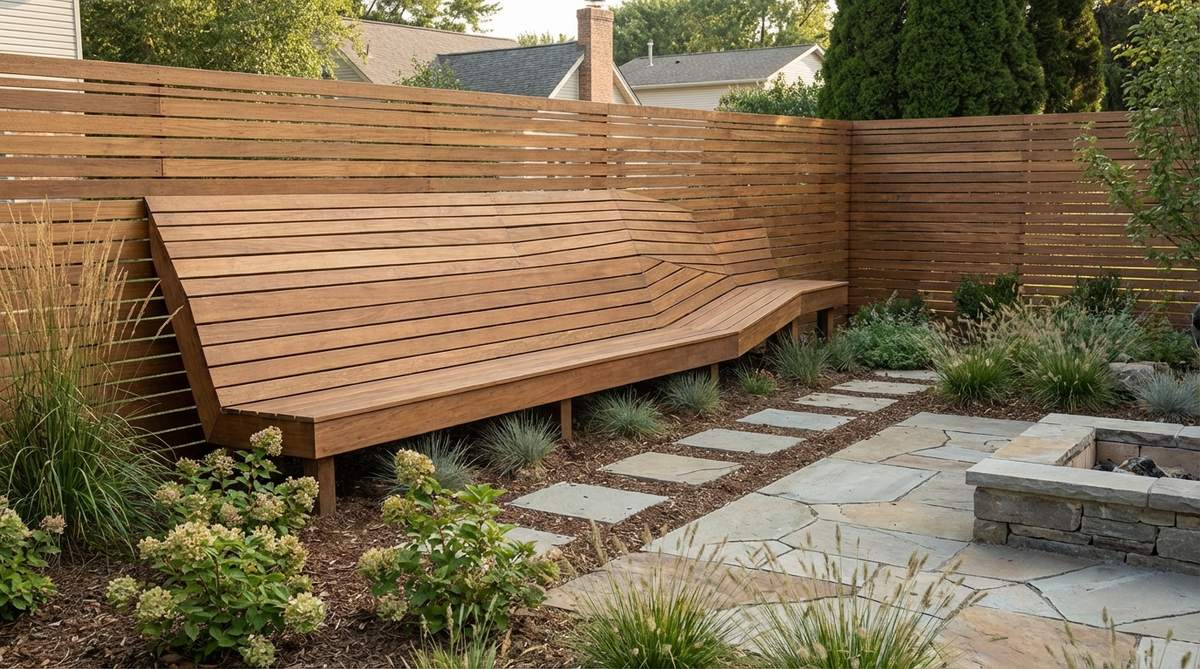 A modern garden fence featuring horizontal wooden slats that extend forward to form a built-in bench, providing functional seating without requiring additional furniture. The design saves space while creating a comfortable gathering spot in the garden.