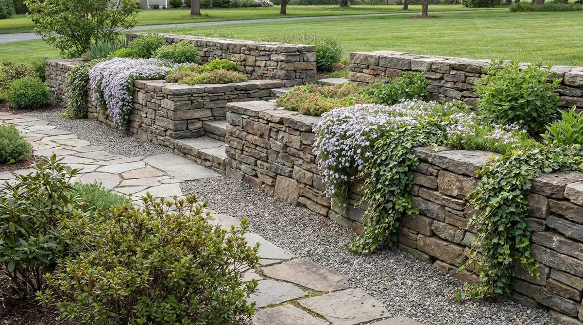 A dry-stacked fieldstone wall built on a gravel base, providing vertical structure in a flat garden. The wall is 18-30 inches high, creating raised planting zones with trailing plants cascading over the stone surface. Stones are selected with flat faces for stable stacking without mortar.
