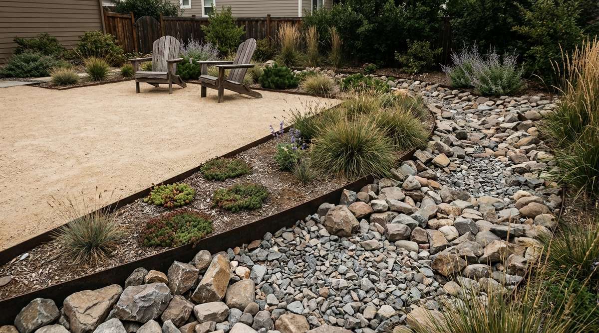 A garden design showcasing the stark textural contrast between finely crushed gravel and larger angular rocks. The image highlights decomposed granite areas appearing smooth and refined next to rugged cobble sections, separated by flush metal edging to maintain distinct boundaries. This juxtaposition demonstrates how contrasting materials can create different design moods within a single gravel garden, with fine gravel suitable for formal seating areas and coarse rock appropriate for naturalistic zones.