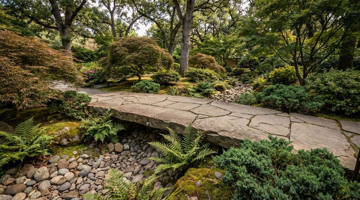 A flat stone bridge made of large, irregular stones laid across a narrow water feature or dry stream bed in a Japanese garden, emphasizing groundedness and natural resilience with hidden supports for stability.