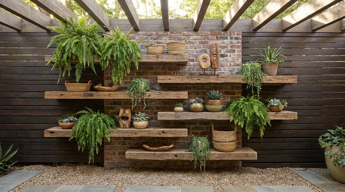 A modern boho decor arrangement featuring floating wood shelves installed at staggered heights, styled with lush plants, ceramic pieces, and artisanal objects to create an organic display wall. The varying spacing between shelves accommodates different plant sizes including trailing varieties, forming a living wall element that adds natural texture and visual interest to contemporary bohemian interiors.