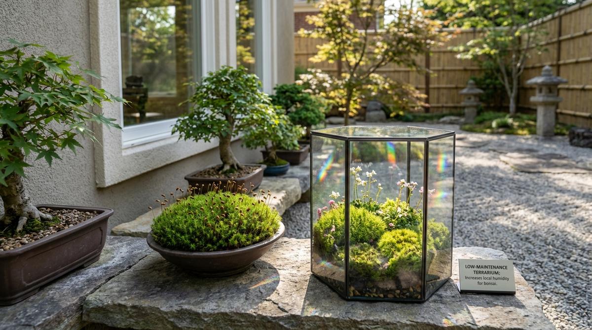 A small glass terrarium featuring flowering moss species placed adjacent to bonsai displays in a zen garden setting. The enclosed ecosystem shows delicate blooms from Hair Cap moss with small capsules and Mood moss with textural interest. Glass walls reflect light, creating prismatic effects as window light refracts through the terrarium. This low-maintenance accent piece increases local humidity to benefit nearby bonsai plants.