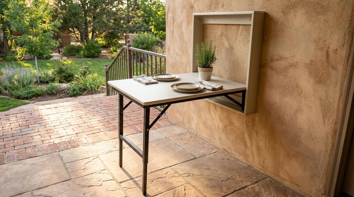 A compact wall-mounted fold-down table system installed on an outdoor patio or balcony. The table surface is deployed for dining or serving, with integrated support legs that swing down automatically. Made from weather-resistant marine-grade plywood or composite materials, it folds flat against the wall to save space when not in use.