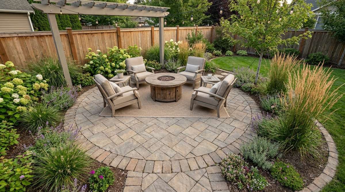 A circular paver patio layout in a small garden, showcasing a natural gathering point with rounded perimeter for seamless transitions to surrounding plantings, ideal for social interaction and maximizing furniture arrangements in compact spaces.