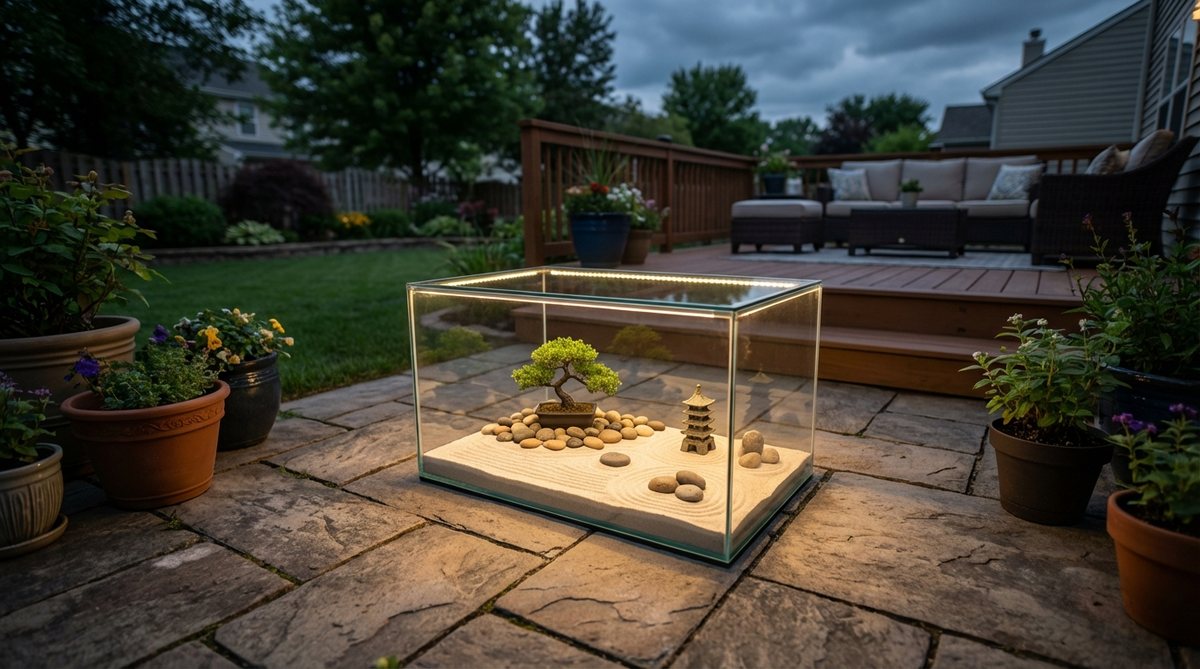 A transparent glass or acrylic enclosure protecting a miniature zen garden, with interior LED lighting illuminating the composition for evening viewing. The sealed case eliminates maintenance while displaying the garden as sculptural art.