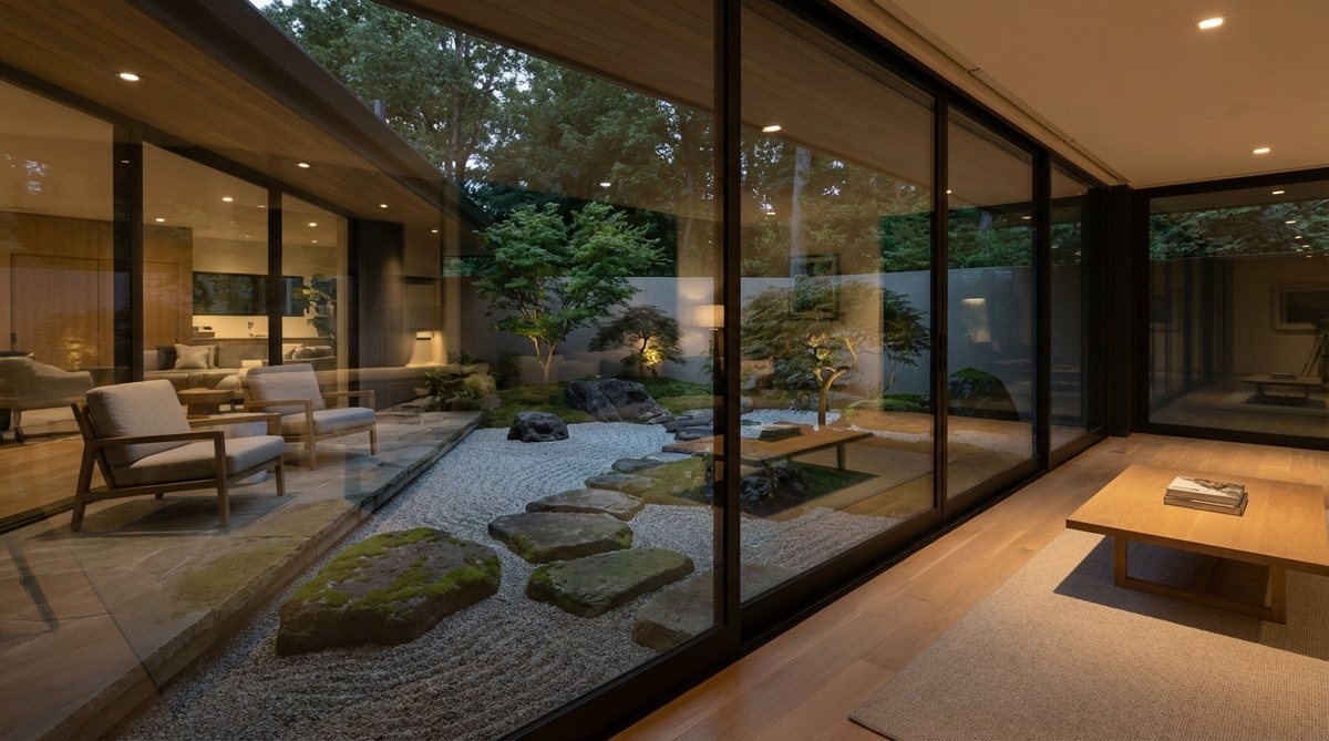 A modern Japanese rock garden viewed through floor-to-ceiling glass walls, showcasing framed compositions that transform the garden into living artwork visible from interior spaces. The glass emphasizes the garden's aesthetic while providing weather protection, with strategic lighting creating layered visual effects where interior reflections overlay exterior views during evening hours.