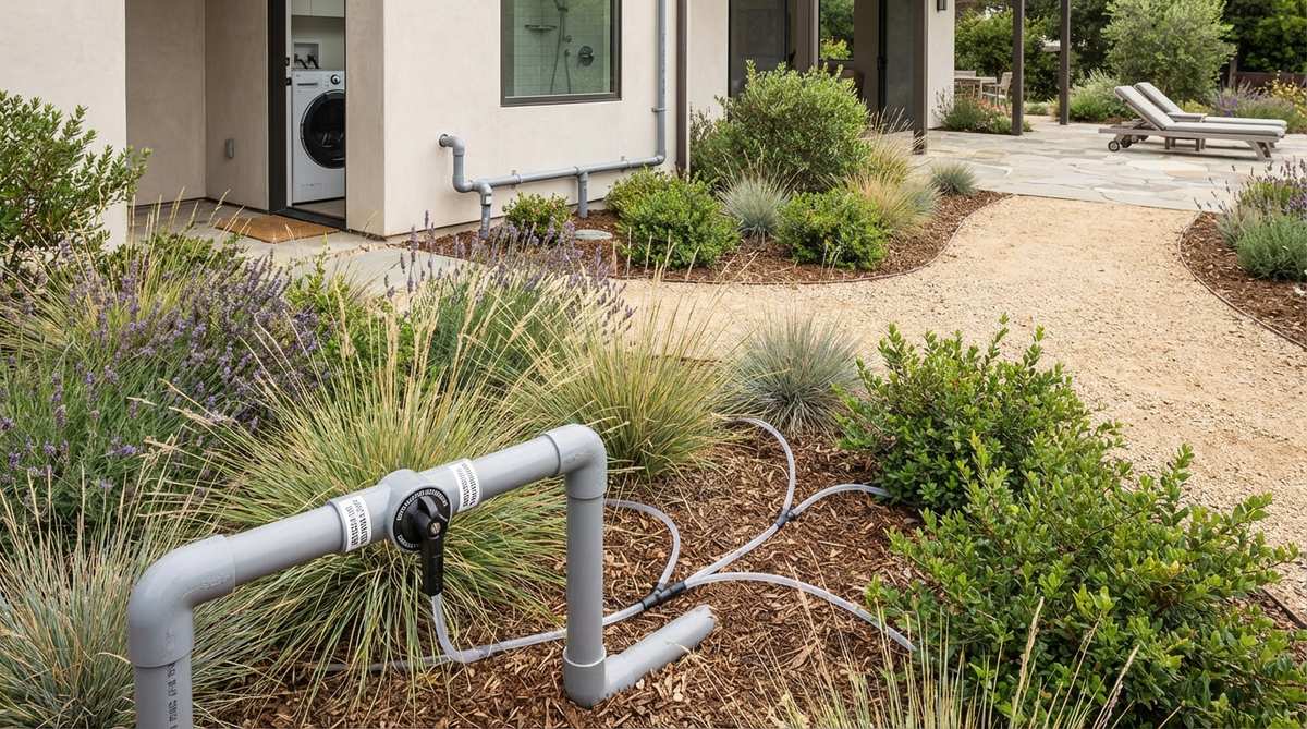 A diagram showing how greywater from household sources like washing machines, showers, and sinks is diverted through simple branched drain pipes to irrigate ornamental plantings in a contemporary garden setting, highlighting water conservation and sustainable landscaping practices.