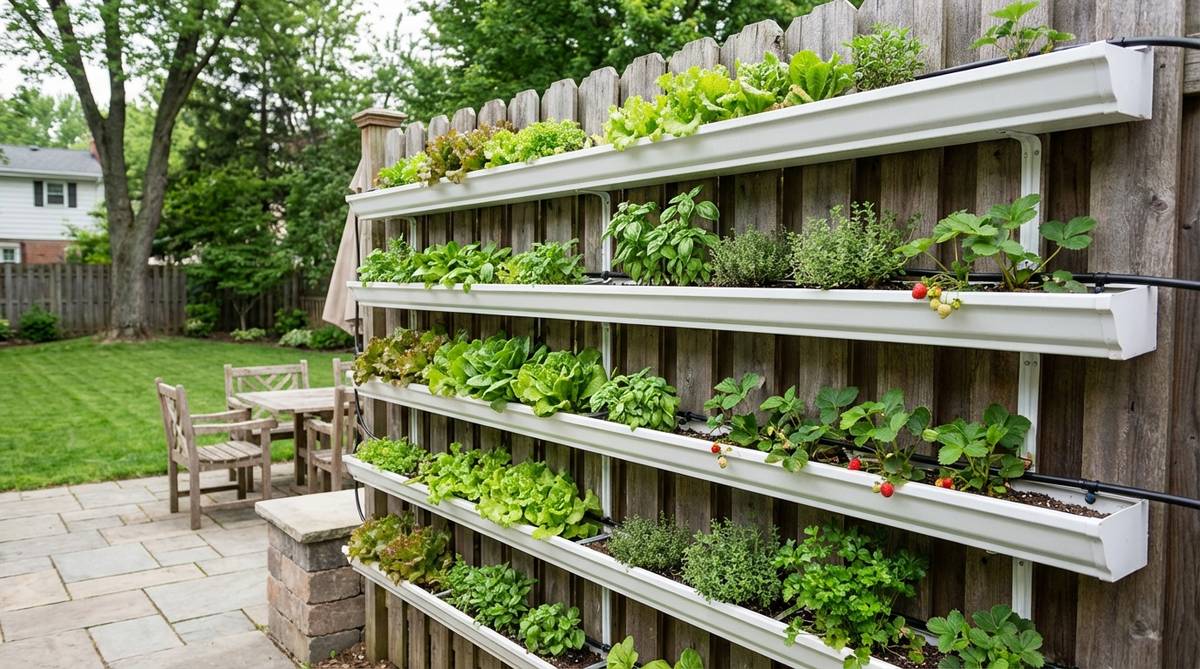 A vertical gardening system using mounted vinyl rain gutters on a fence or wall, creating linear planting channels for shallow-rooted crops like lettuce, herbs, and strawberries, with drip irrigation and modular design.