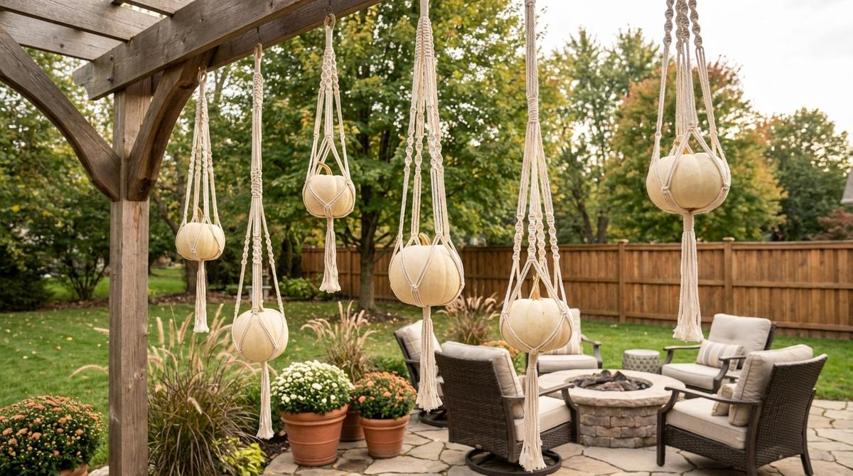 Small white pumpkins suspended in natural cotton macrame plant hangers at varying heights, creating vertical dimension and visual interest for boho Halloween decorations. Perfect for spaces with high ceilings or limited surface space.