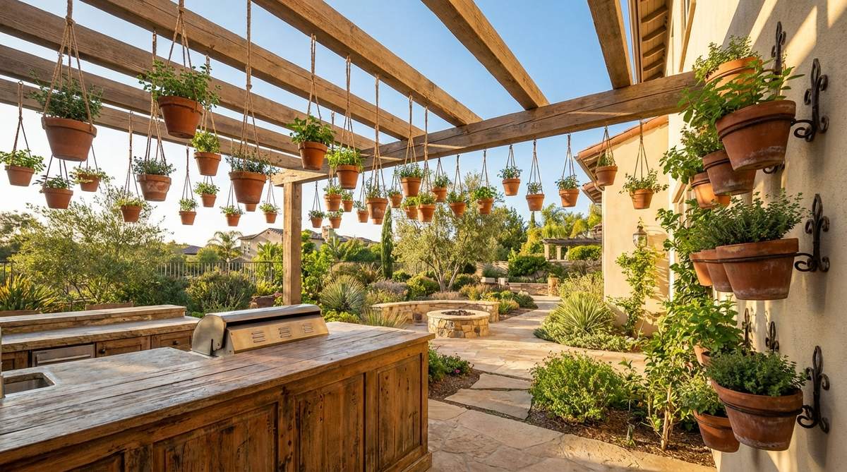 A vertical garden arrangement featuring small terracotta pots suspended from pergola beams or wall brackets, planted with oregano, thyme, and mint herbs for easy access in Mediterranean garden design.