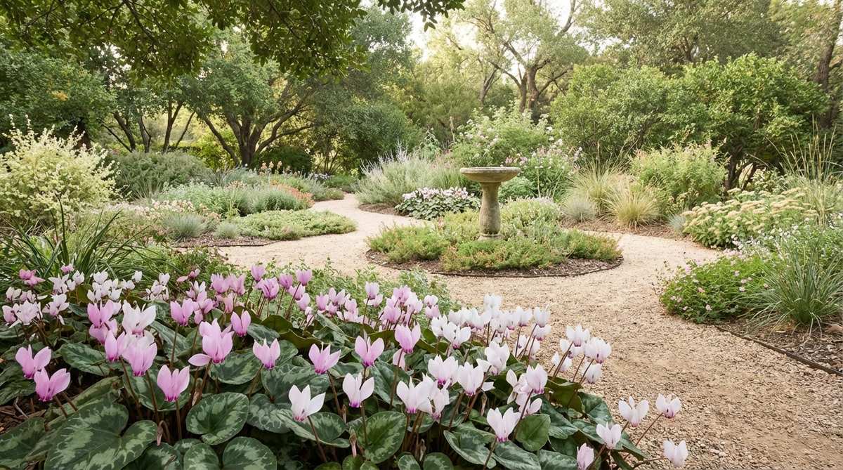 Close-up of hardy cyclamen (Cyclamen coum) with swept-back pink or white petals blooming above marbled evergreen foliage. This 3-6 inch perennial naturalizes in dry shade under trees and shrubs, providing ornamental value year-round with deer-resistant qualities.