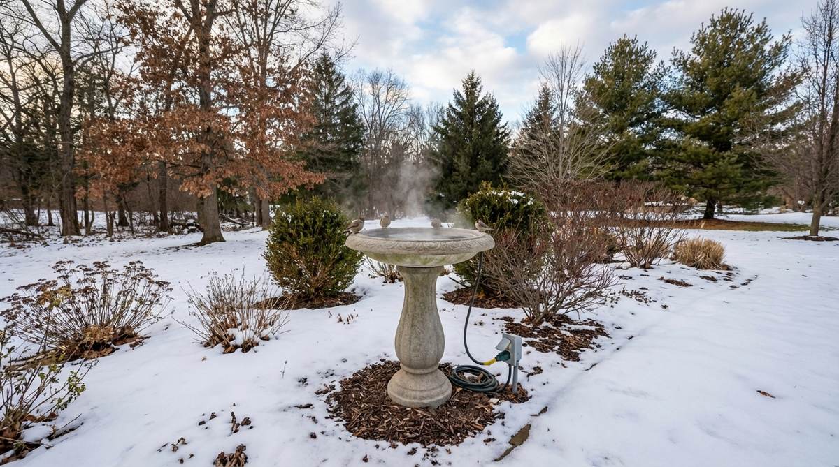 A thermostatically controlled heated birdbath providing unfrozen water access for birds during winter months, featuring energy-efficient heating elements and proper placement guidelines for optimal bird safety and accessibility.
