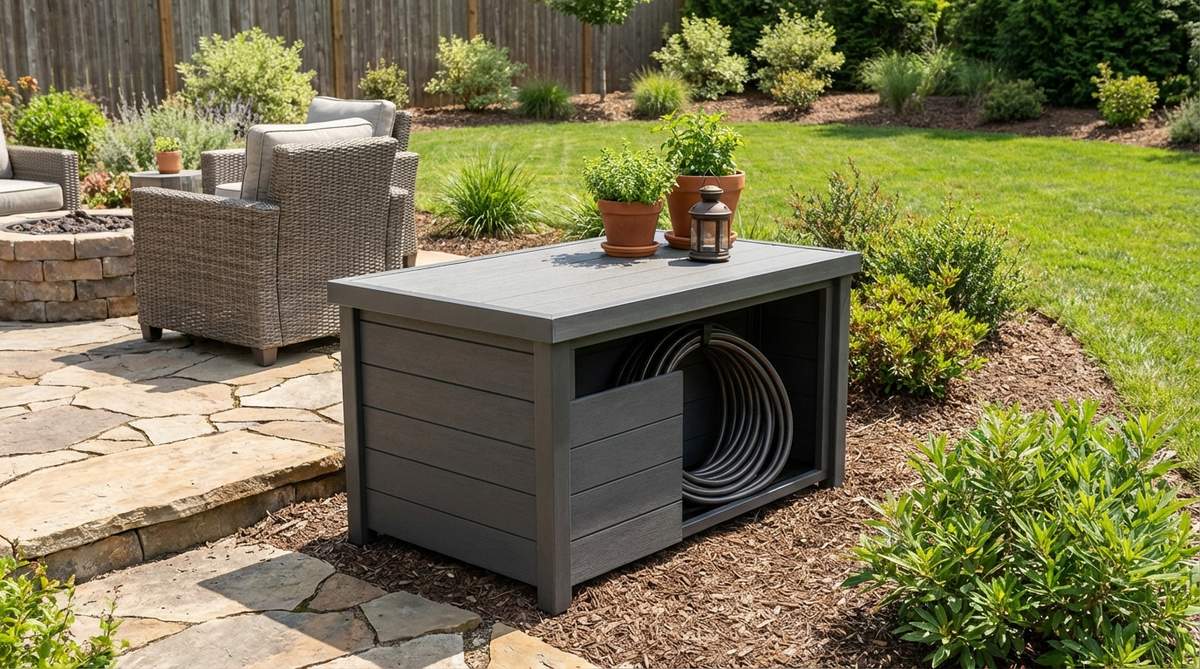 A minimalist garden hose storage box that conceals garden hoses while providing a flat top surface for planters or decor. Made from durable composite or resin materials that withstand moisture, this storage solution blends seamlessly with outdoor furniture to maintain visual order and support minimalist aesthetics by eliminating visible utility items.