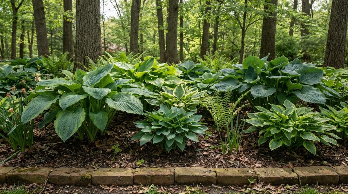 A garden design border featuring shade-tolerant hostas planted behind a brick edge, showcasing bold foliage contrast in a woodland setting. The large hosta leaves provide visual weight that balances the structural brick elements, with compact or large varieties suitable for different border sizes. This arrangement demonstrates seasonal succession, with hostas emerging after spring bulbs, and the brick thermal mass helps moderate soil temperature to protect against late frosts.