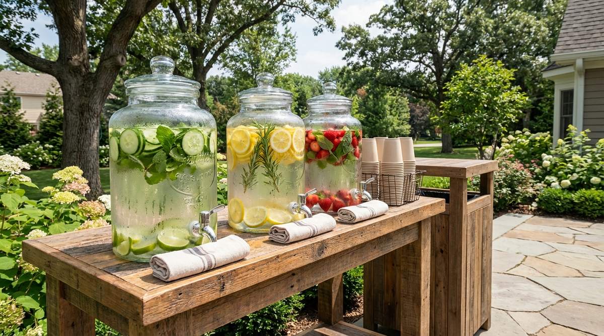 A vibrant outdoor hydration station featuring large glass beverage dispensers filled with colorful infused water combinations like cucumber-mint, lemon-rosemary, and strawberry-basil. The transparent containers showcase fresh fruit and herb infusions on a stable table with towels to catch condensation, complete with compostable cups and a waste receptacle for self-service functionality at a party.