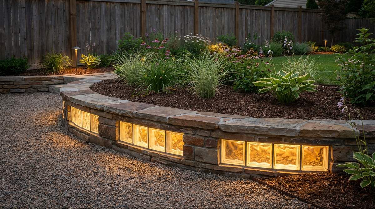 A decorative small garden retaining wall featuring illuminated glass blocks integrated into traditional masonry construction. The translucent glass blocks create glowing focal points that admit light during the day and provide dramatic nighttime effects with optional LED lighting. This contemporary technique adds architectural interest to urban gardens with limited space, suitable for walls under 3 feet where the glass details remain visible at close viewing distances.