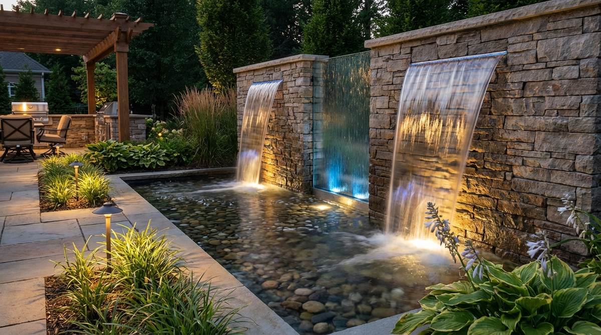 A stunning illuminated water wall feature with sheet waterfalls cascading over textured surfaces, enhanced by submersible LED fixtures that create glowing cascades and dynamic shimmer effects after dark.