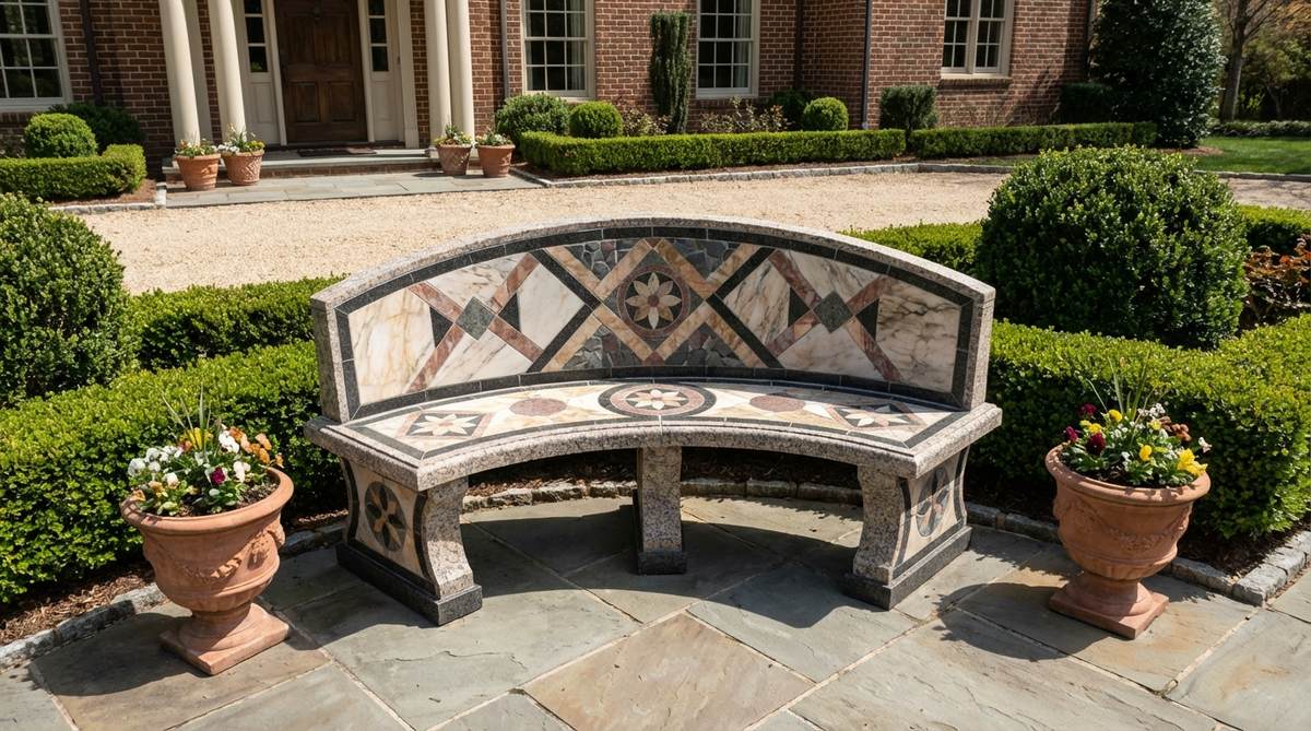 A decorative stone garden bench featuring intricate mosaic patterns made from colored marble, granite, and slate fragments, showcasing skilled craftsmanship for water-resistant joints, ideal as a focal point in entry gardens or formal courtyards.