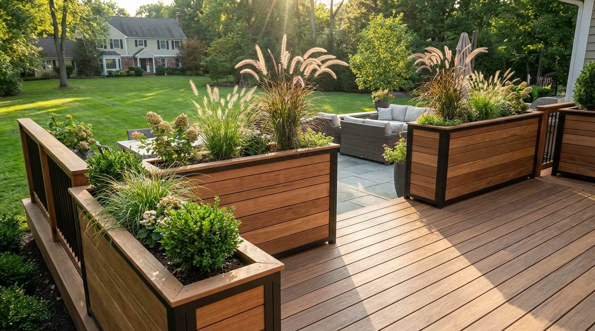 Built-in planter boxes along deck railings or as freestanding dividers, constructed from matching deck materials with proper drainage. Features ornamental grasses and small shrubs that soften hardscape while providing privacy screening and defining spatial zones.