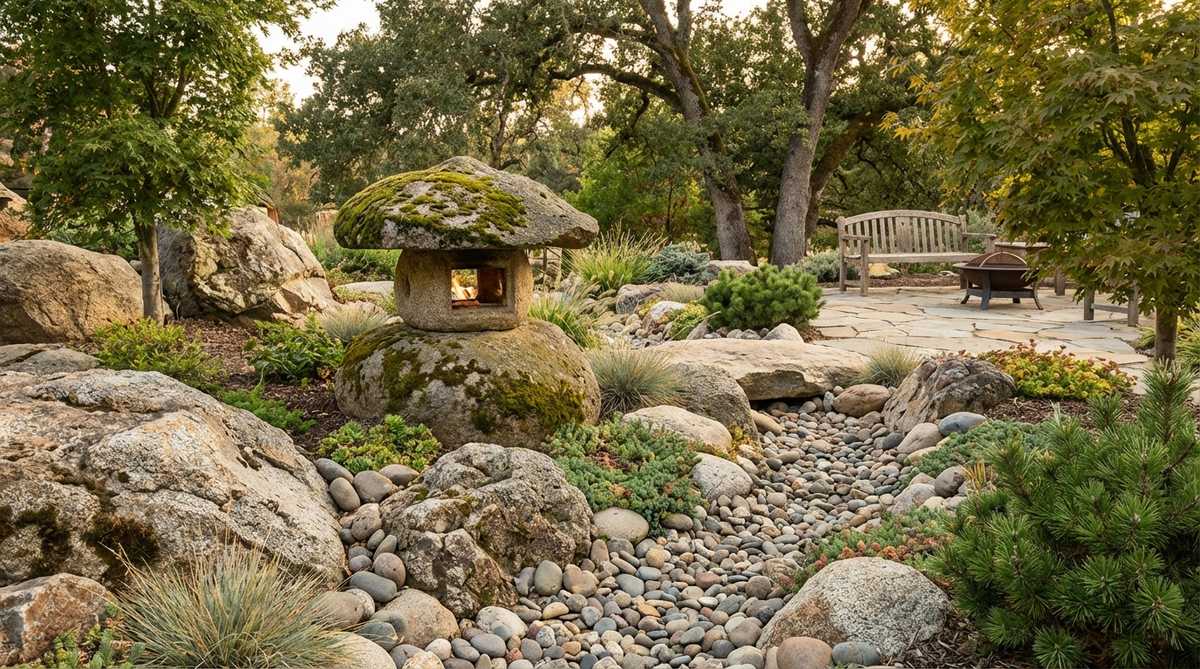 An Ishigata stone garden lantern carved from a naturally rounded boulder with minimal shaping, featuring an organic fire box and roof that emerge seamlessly from the stone. This lantern creates a powerful earth-connected presence and harmonizes with natural rock features like outcroppings, stone groupings, or dry stream beds in Japanese gardens.