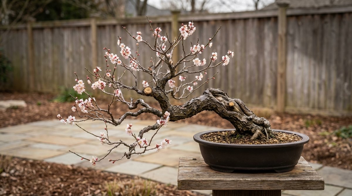 A close-up image of a Japanese Apricot (Prunus mume) bonsai tree with fragrant pink or white blossoms on bare branches, showcasing its winter flowering that breaks dormancy gloom. The scene highlights the delicate balance of pruning after flowering to maintain branch structure and encourage spur development, with old wood flowering more reliably than young shoots.