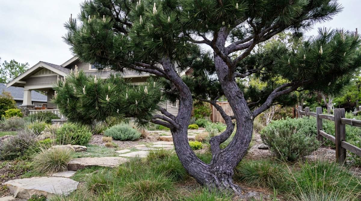 A close-up image of a Japanese Black Pine bonsai (Pinus thunbergii) in a Japanese garden setting, showcasing its rough, plated bark and dense clusters of dark green needles. The bonsai is pruned to balance energy distribution, with new candles broken or shortened to maintain its masculine character and vigorous growth. This salt-tolerant species is ideal for beginners and advanced practitioners alike, thriving in poor soil conditions.