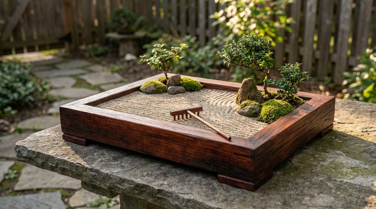 A close-up view of a zen garden miniature crafted from authentic Japanese cherry wood, showcasing its reddish undertones and fine grain patterns. The wood darkens with light exposure, developing a deeper patina over time, enhanced by hand-rubbed oil finishes that highlight the natural luster and traditional woodworking techniques.